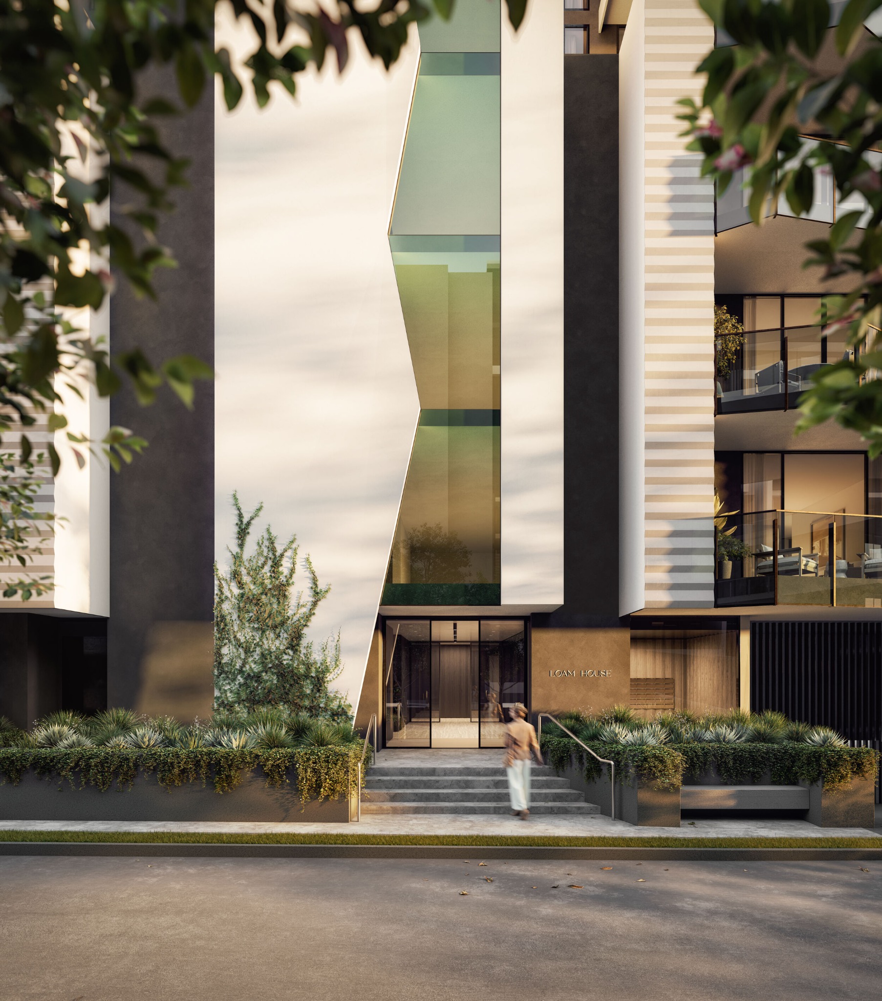 The sculptural Loam House lobby façade