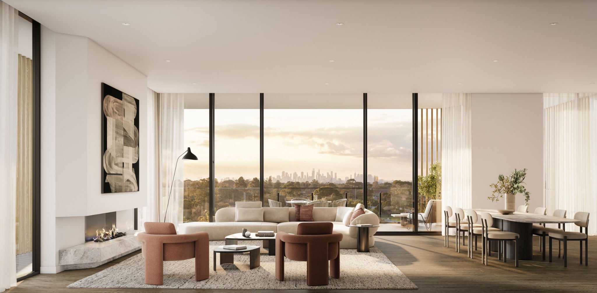 Loam House penthouse living room with Melbourne skyline views